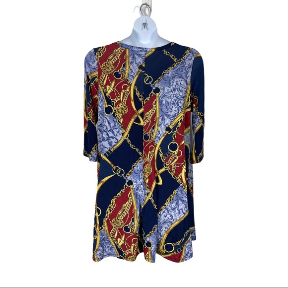 Dress 3/4 sleeve knee length Blue Yellow chain ribbon multi pattern relax fit XL - Picture 4 of 7